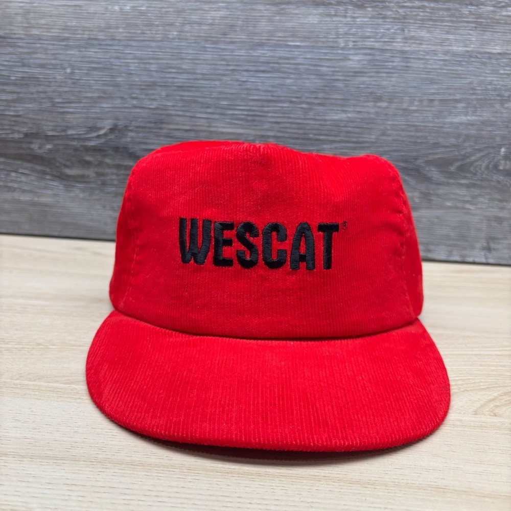 Vintage WESCAT Hat Cap Snap Back Red Corduroy Advertising Promo Made in USA 90s